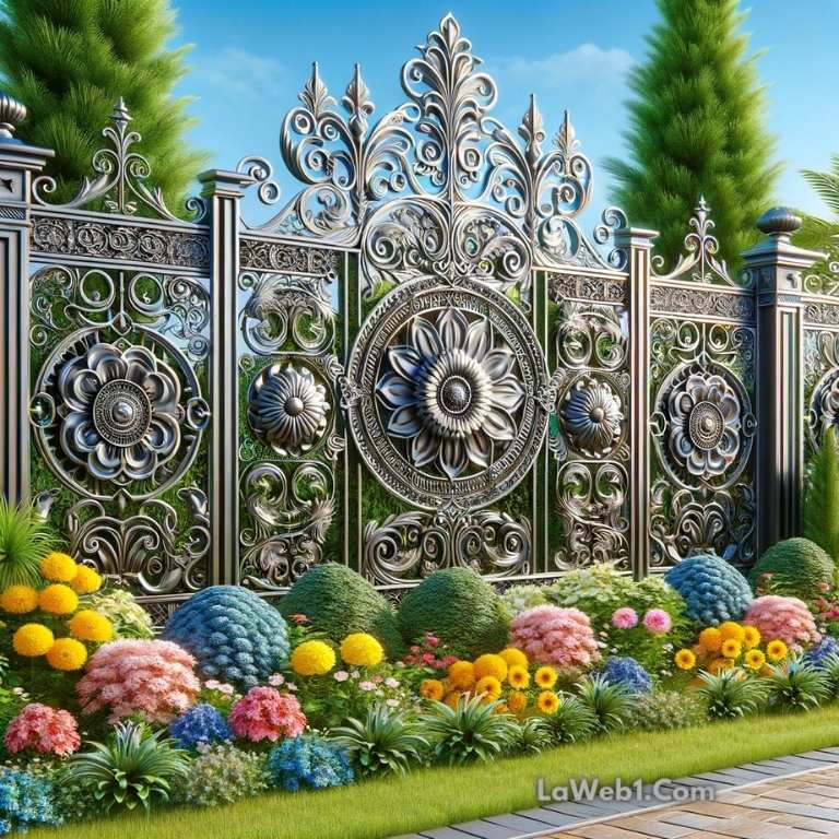Cercos para el jardín 5 Un cerco de jardín decorativo de metal con diseños intrincados, rodeado de flores coloridas y plantas.